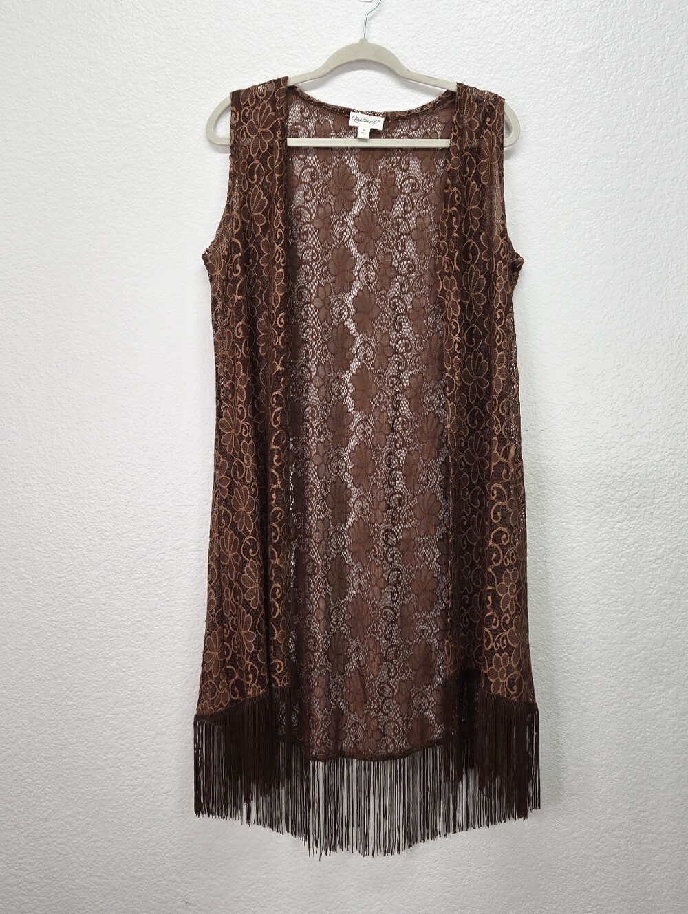 Questions‎ Lace Vest Duster Medium Brown Boho Festival Layering Fringe Cardigan